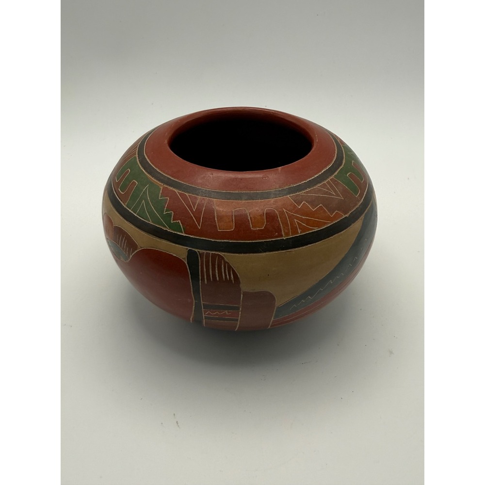 Hand Painted Sgraffito Terracotta Pottery Bowl Geometric Southwestern Folk Art